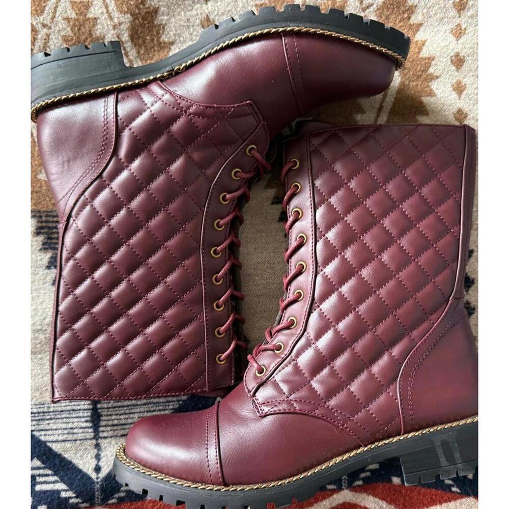 Charlee Burgundy Quilted Lace Up Combat Boots Chain Trim Size 7 - Picture 6 of 6
